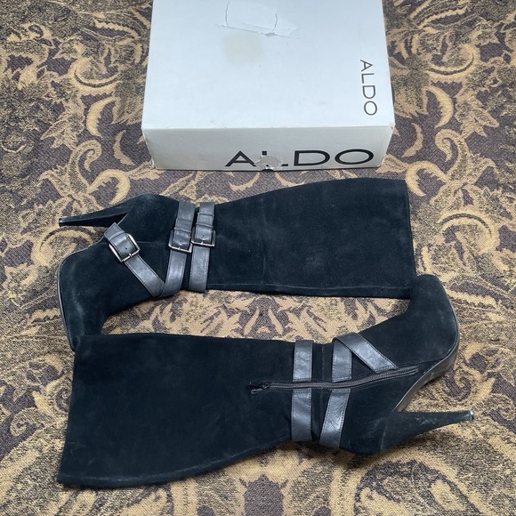 ALDO black suede knee strappy buckle heel boots women size 8.5 Eu 39 Bried - Picture 1 of 11